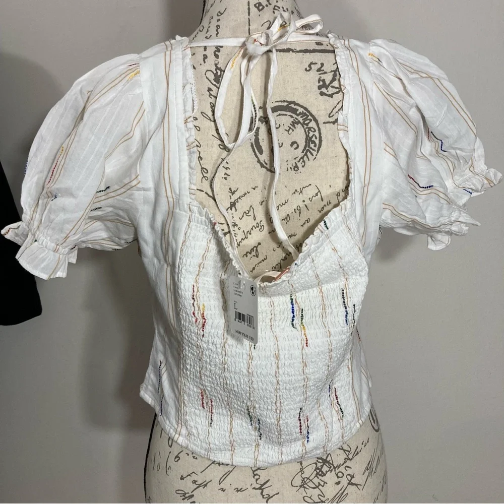 Free People Serotonin Corset Top White Puff Sleeve Top Colorful Rainbow Stitches